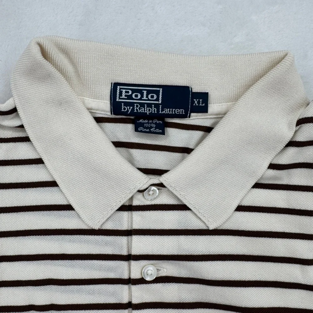 Polo Ralph Lauren Polo Mens XL Cream Brown Excellent Pima Cotton Striped Shirt